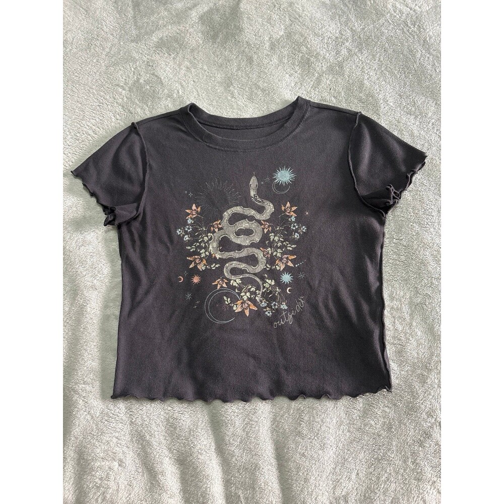 Womens snake graphic tee lettuce hem cropped tshirt emo grunge Y2K teen juniors